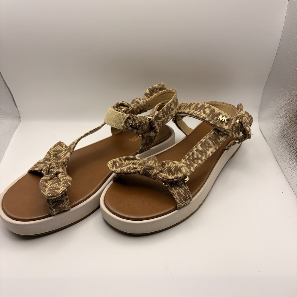 Michael Kors Phoebe Logo Jacquard Bow Sandals Womens 8.5M Brown Platform
